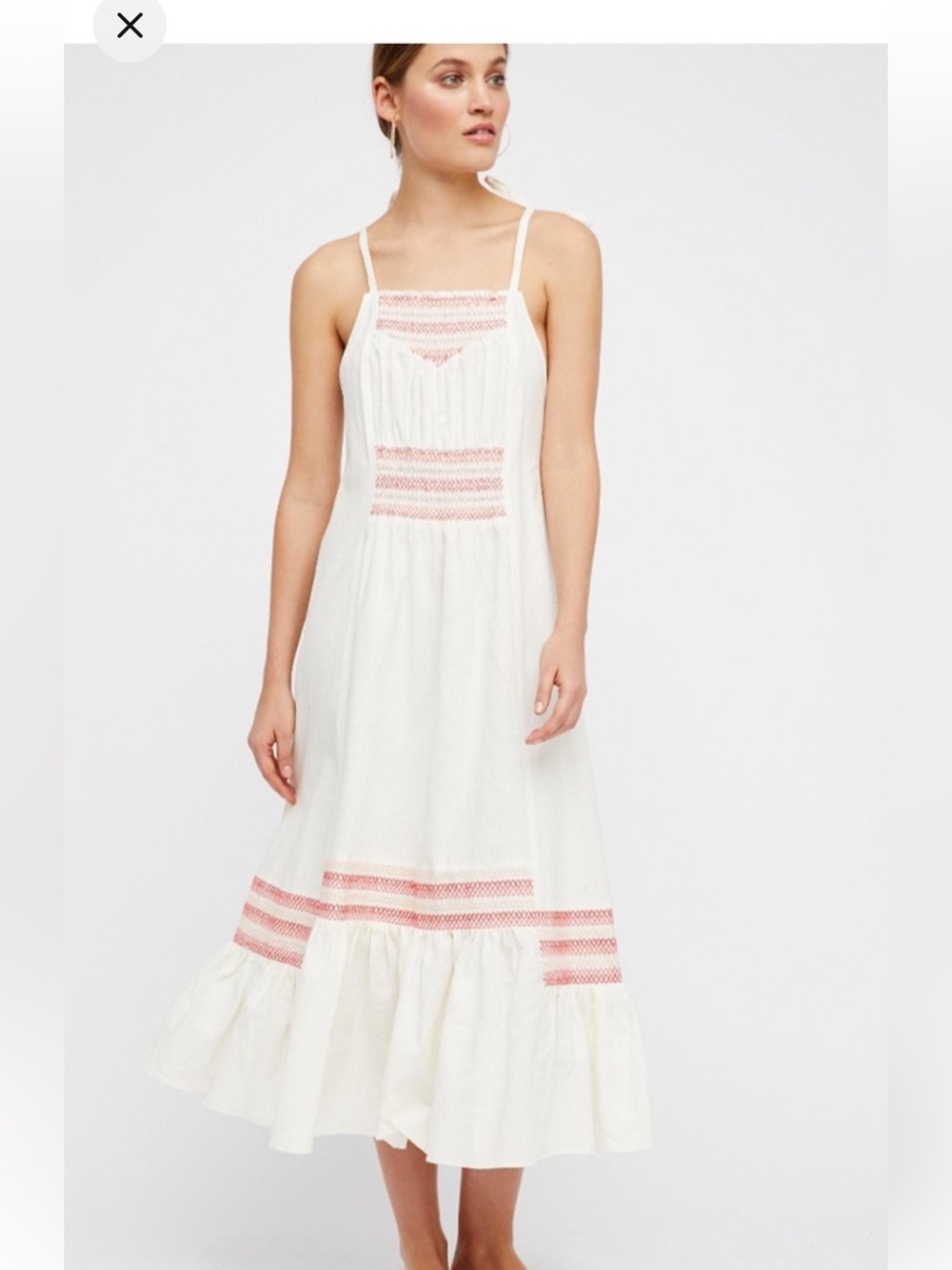 Free People Embroidered Midi Dress Womens XS Ivory Red Tie Strap Smocked‎